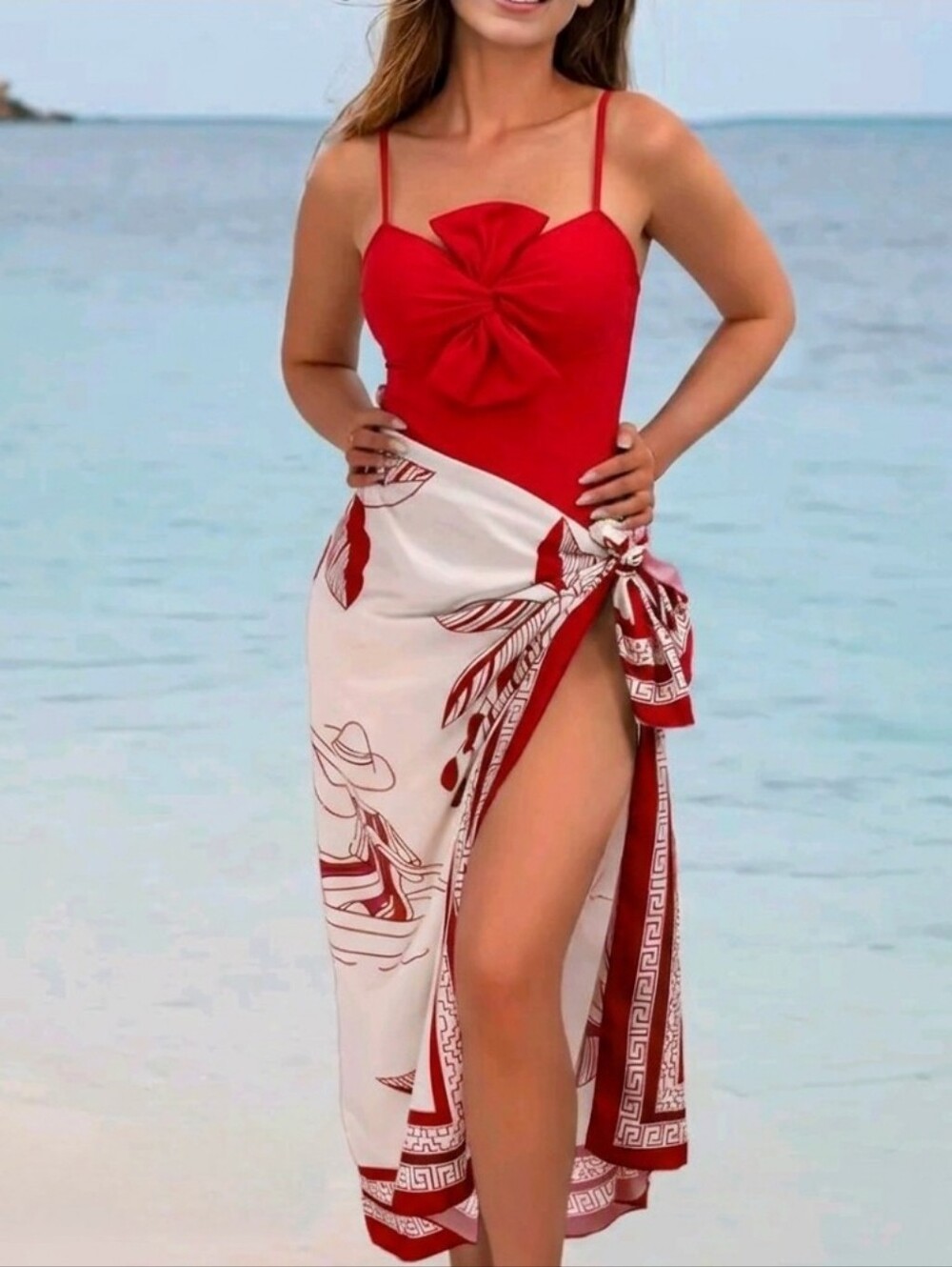 Twist One-piece Swimwear & Leaf Print Tie Front Cover Up Skirt Set.